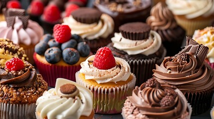 Close up horizontal color image depicting a selection of freshly baked delicious cakes and cupcakes - Powered by Adobe