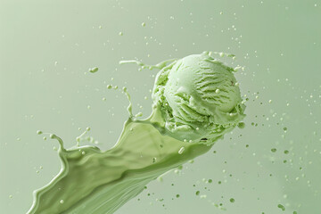 A perfectly suspended scoop of green ice cream seemingly in flight, accompanied by a beautifully shaped splash.