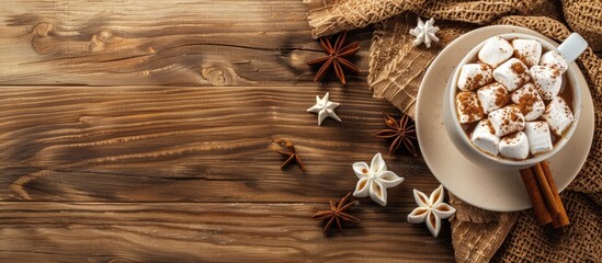 Obraz premium Image of a winter-themed hot beverage: hot chocolate or cocoa topped with marshmallows and spices, placed on a wooden surface. Displayed with empty space for text.