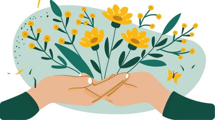 Illustration with flowers in palms, flat style, banner about environmental protection