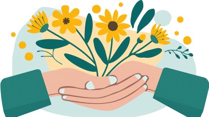 Illustration with flowers in palms, flat style, banner about environmental protection