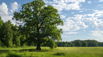 Obraz premium Lonely green oak tree in forest meadow