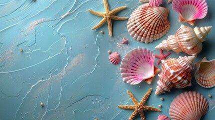 Sea Shells and Starfish on a Blue Background