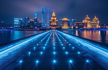 a city skyline with lights on the side of the water