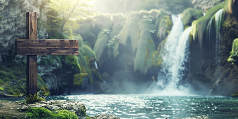 A serene wooden cross stands in the foreground with a majestic waterfall and lush greenery in the...