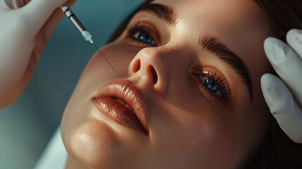 Cosmetologist makes a botulinum toxin filler injection into a patients facial area