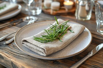 A linen napkin is placed on a rustic plate, garnished with a sprig of rosemary. The table setting includes a fork, knife, and spoon, as well as a linen napkin. The plate is placed on a wooden table. - Powered by Adobe
