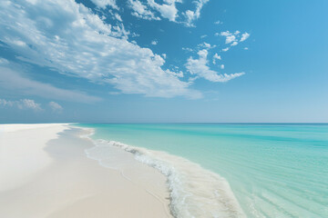 A photo of a pristine white sand beach with turquoise waters, capturing the beauty of coastal landscapes.
