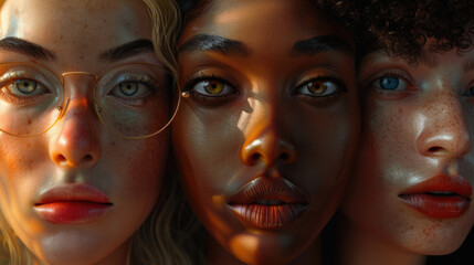 Natural beauty and diversity concept, multiracial group of beautiful woman. Diverse young woman portraits