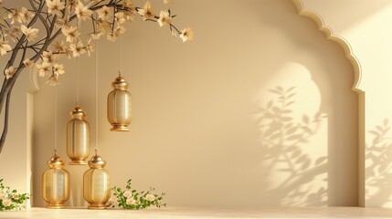 Elegant golden lanterns hanging near an arched wall with floral decorations and shadows.