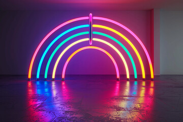 A photo of neon tubes forming a glowing rainbow arch.
