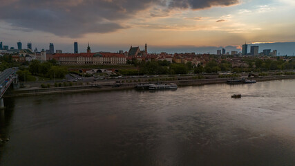 Fototapeta premium Bird's eye view of the city of Warsaw in Poland in the spring evening