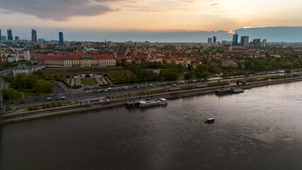 Bird's eye view of the city of Warsaw in Poland in the spring evening