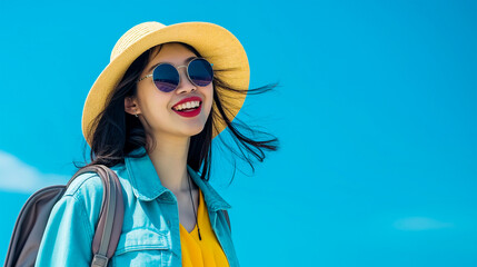 Happy young Asian tourist woman wearing beach hat, sunglasses and backpacks going to travel on holidays on blue background. 