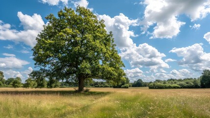 Obraz premium Lonely green oak tree in forest meadow