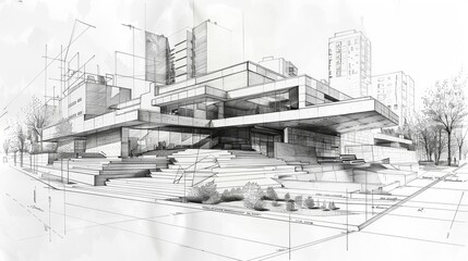 Obraz premium Digitally rendered drawing showcasing a modern museum's innovative architecture in an evolving urban landscape with a detailed perspective