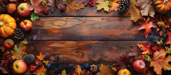 Autumn border made from fallen leaves and fruits arranged on an old wooden table, creating a background for Thanksgiving.