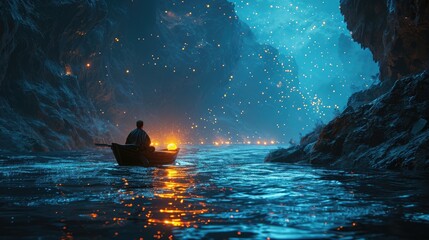 The picture of young or adult male or female that sailing the boat in the middle of the water that surrounded with nature in the nighttime of the day yet look bright and clear with the light. AIGX03.