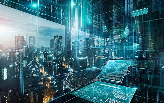 Futuristic office with a digital workplace or remote control overlooking the city panorama and skyscrapers and neon