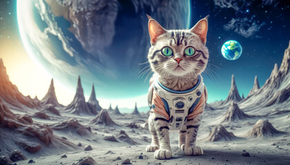 Lonely brave cat walks on the moon, space cat