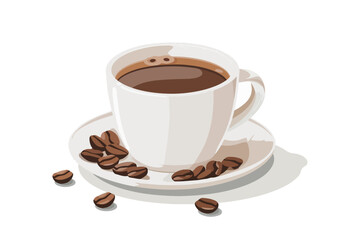 White cup with coffee on a white background. Coffee beans near a cup of aromatic black coffee.