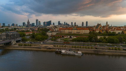 Bird's eye view of the city of Warsaw in Poland in the spring evening