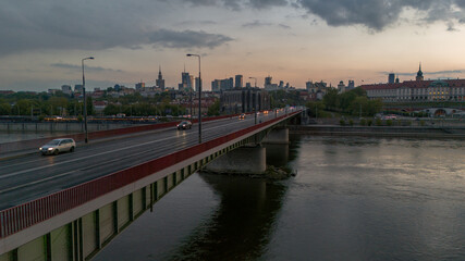 Bird's eye view of the city of Warsaw in Poland in the spring evening