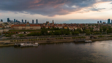 Fototapeta na wymiar Bird's eye view of the city of Warsaw in Poland in the spring evening