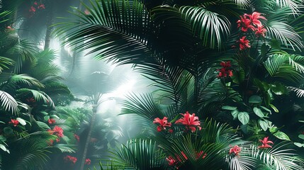   Lush green forest brimming with vibrant red flowers & foliage under warm sunlight