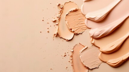Cosmetic foundation swatch on pastel beige background with concealers and creams