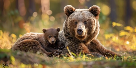 Obraz premium A nice male brown bear with cutie cub bear in the forest.