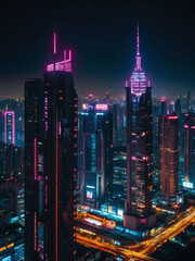 Explore the cyberpunk realm after dark, skyscrapers, neon lights, and flying cars paint a vivid picture of the futuristic cityscape.