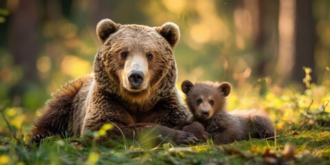 Fototapeta premium A nice male brown bear with cutie cub bear in the forest.