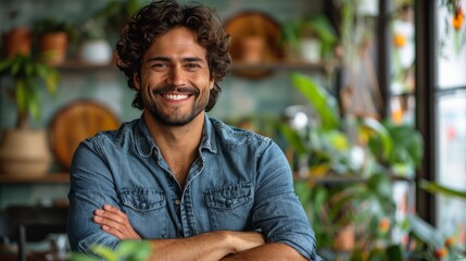 Smiling Man Crossing Arms in Front of Potted Plant