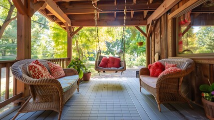 Cozy covered sitting area with wicker chairs and swing bench