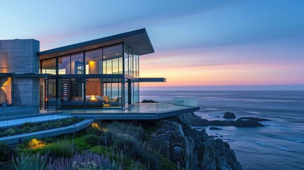 Elegant glass-windowed building offers breathtaking cliffside sunset over the ocean