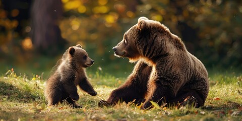 Fototapeta premium A nice male brown bear with cutie cub bear in the forest.