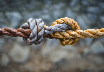 Fototapeta premium Dependence and reliance on a trusted partner symbolized by two ropes tied as an unbreakable chain, embodying strength and support in the trust concept