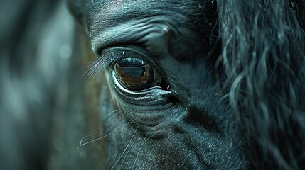   A clear photo of a horse's eye with a slightly out-of-focus portrait of the animal behind it
