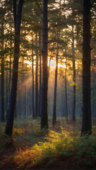 First light in the woodland, a serene sunrise painting the forest with warmth.