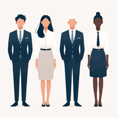Obraz premium Vector illustration of group of business people standing. Diverse business people standing, men and women full length. Inclusive business concept. Vector illustration isolated on white background