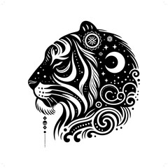 Tiger silhouette in bohemian, boho, nature illustration