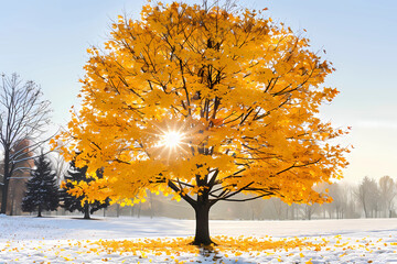 Bathed in the golden light of the sun, the sprawling branches of a majestic tree showcase a vibrant canopy of yellow leaves, their hues illuminated against the serene monochromatic background