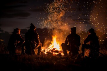 Four friends gathered around a campfire, savoring the evening as sparks dance into the darkening sky