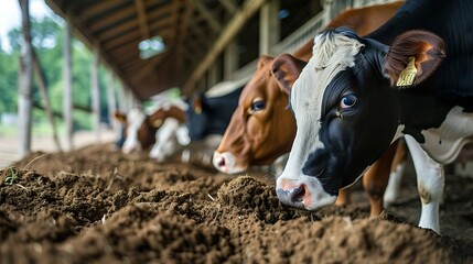 Dairy farm simmental cattle feeding cows on farm