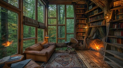 Cozy tree house interior with fireplace, nestled in a tranquil forest setting, providing a serene getaway from the daily grind