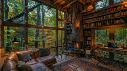 Snug and warm interior of a woodsy treehouse with expansive windows offering immersive views of the surrounding autumnal forest