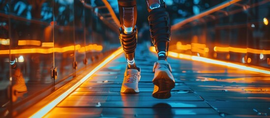 close up robot walks on a lighted walkway
