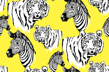 Seamless pattern of zebra and tiger. Suitable for fabric, mural, wrapping paper and the like. Vector illustration
