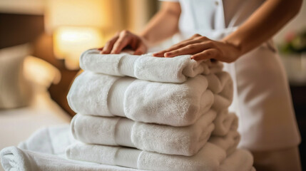 Close-up of Hand professional chambermaid putting stack of fresh towels in the hotel room.